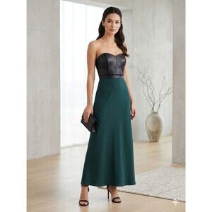 Aidan Mattox Leather Bodice Maxi Gown in Emerald Green & Black Sheepskin size 6
